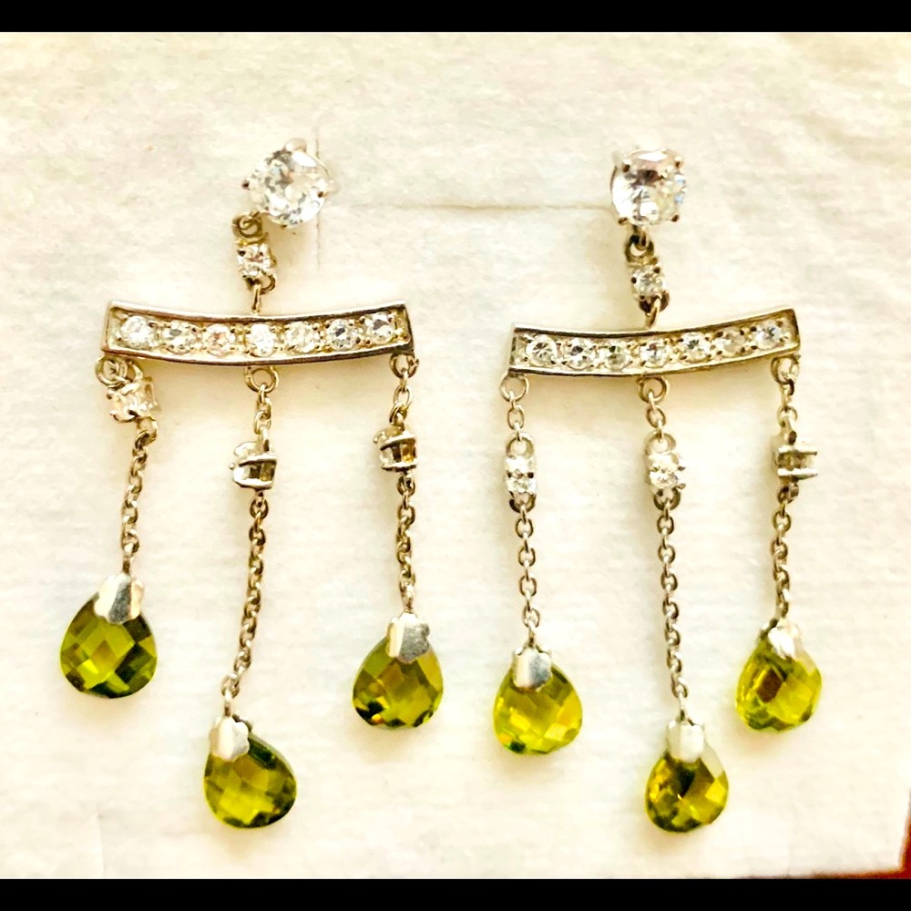 Sterling silver dangle ear rings light green gem stones zircon stones